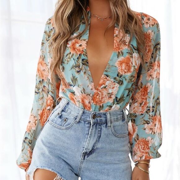NWT Hello Molly Floral Chiffon Bodysuit | Deep V-Neck Long Sleeve Top | Size XS - Picture 1 of 11